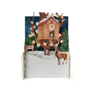 Christmas,3D pop-up card,  Handmade, Reindeer, Treehouse, Snowy Forest,  Christmas Tree,  Lights,  Laser cut, 3D message in bottle