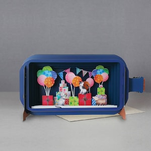 Birthday card, Cats, 3D Pop-up card,Handmade, Cute Cats, Balloons, Presents, Bunting, Party, Laser-cut, 3D message in a bottle, Gift card