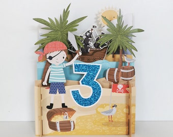 3rd Birthday Card,Pirate,3D pop-up card, Handmade,Pirate ship,Treasure,Beach,Jolly Roger,Number 3,3D Pop up card