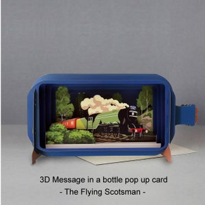 The Flying Scotsman,3D pop-up card, Handmade,Steam train,Countryside,Train tracks,Vintage,Forest,3D message in a bottle,Gift card