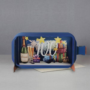 100th birthday,3D Pop-up card,Handmade,Champagne,Presents,Fireworks,Champagne flutes,Laser-cut,3D message in a bottle,Gift card,Birthday