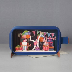 50th birthday,3D Pop-up card,Handmade,Cupcakes,Presents,Balloons,Bunting,Party,Laser-cut,3D message in a bottle,Gift card,Birthday