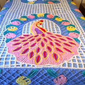 Vintage Peacock Chenille Bedspread Blue and Pink Mid Century Full/Queen Size
