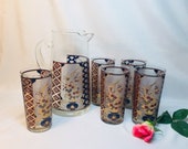 Vintage Culver Imari Asian Pitcher and Glasses Floral In Vase - set of 6