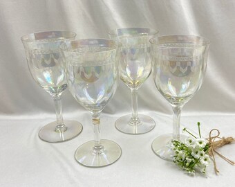 Vintage iridescent Pencil Etched Art Deco Wine Glasses 1940’s - set of 4