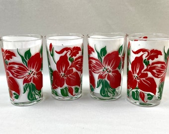 Vintage Juice Glasses Red Hibiscus Flower Mid Century- set of 4