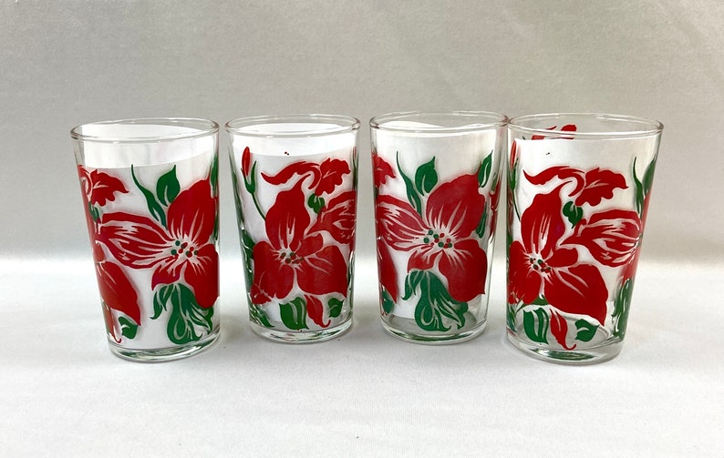 Vintage jugo gafas rojo hibisco flor mediados de siglo conjunto de 4 imagen 1