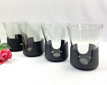 Vintage Corning Snap-Glas Mod Black Base Tumbler On the Rocks Cocktail Glasses - set of 4