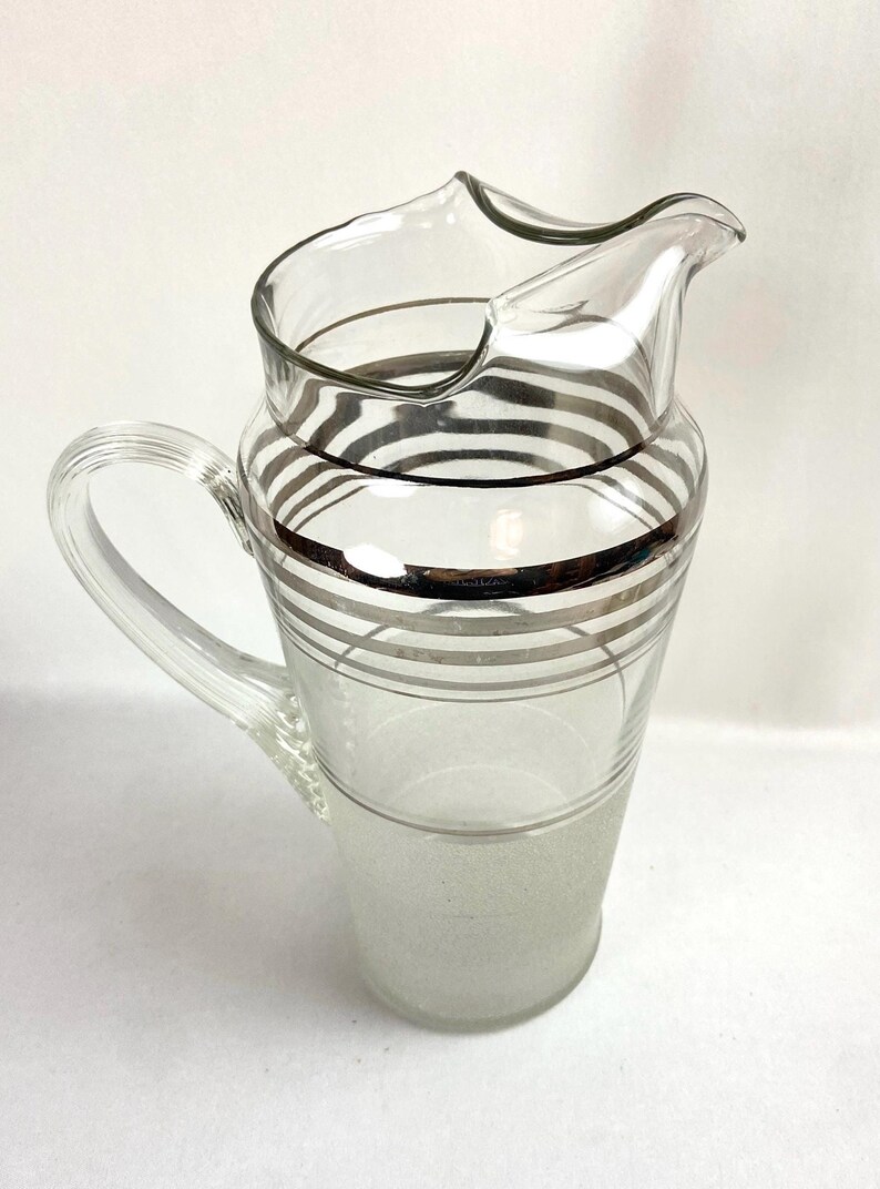 Vintage Frost Nip Gold Stripe White Frosted on the Rocks Cocktail Glasses and Pitcher Mid