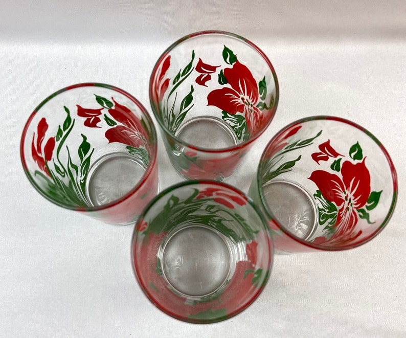 Vintage jugo gafas rojo hibisco flor mediados de siglo conjunto de 4 imagen 6