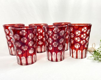 Vintage Bohemian Cut Glass Red Polka Dot Drinking Glass Tumblers - set of 6