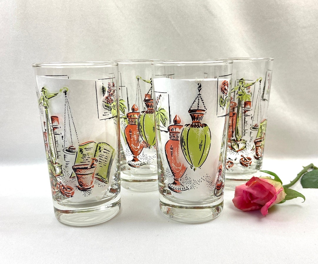 Vintage Highball Cocktail Glasses Apothecary Herbalist Scales Mid