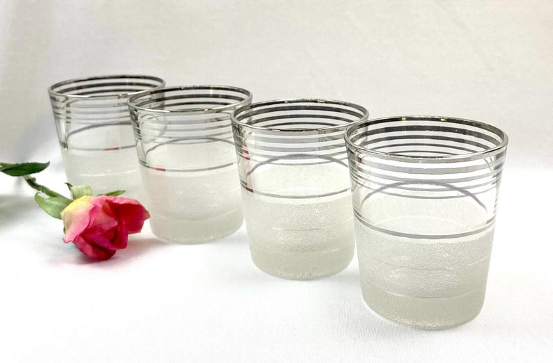 Vintage Frost Nip Gold Stripe White Frosted on the Rocks Cocktail Glasses and Pitcher Mid