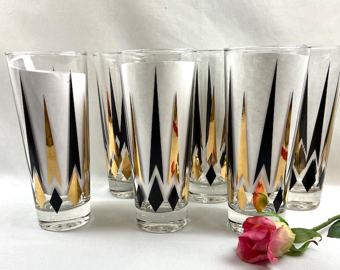 Vintage Tom Collins MCM Atomic Cocktail Glasses Anchor Hocking Golden