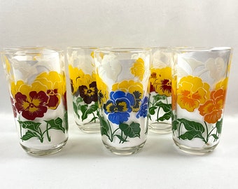 Vintage Floral Drinking Glasses Tumblers Pansies Ombre Yellow - set of 6