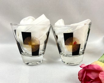 Vintage Shot Glasses Black Rectangle and Gold Atomic Starburst Cocktail  - set of 2, 4, or 6