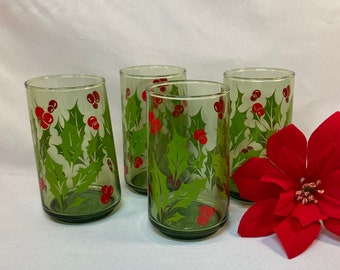 Holly Wreath Anchor Hocking Green Holiday Glasses Tumblers  Mid Century Christmas - set of 4