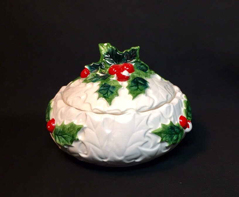 Lefton Covered Candy Dish Christmas Holly White Etsy