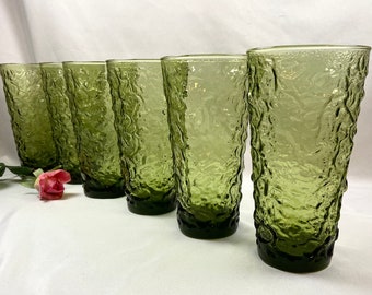 Iced Tea Glasses Vintage Anchor Hocking Lido Milano Avocado Green Crinkle - set of 6