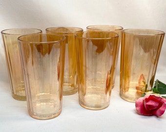 Vintage Iridescent Peach Lusterware Jeanette Carnival Glass Optic Panel Stripe Tumblers - set of 6 or 4