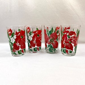 Vintage jugo gafas rojo hibisco flor mediados de siglo conjunto de 4 imagen 5