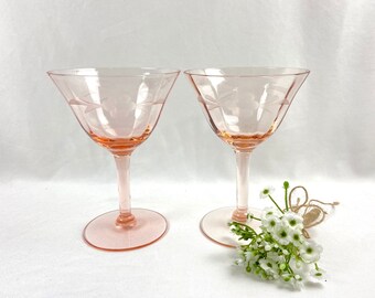 Vintage Pink Depression Glass Champagne Coupe Etched Floral- Set of 2