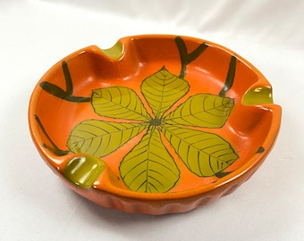 Vintage Mod Mid Century Botanical Ashtray Orange Green Leaves Hand Painted Pottery