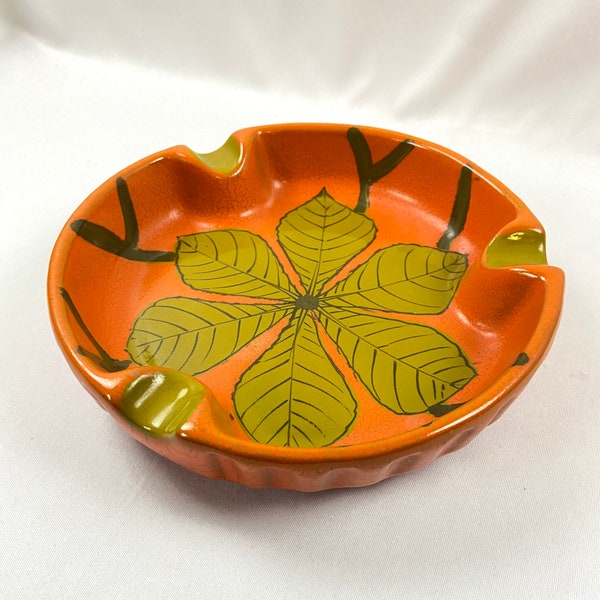 Vintage Mod Mid Century Botanical Ashtray Orange Green Leaves Hand Painted Pottery