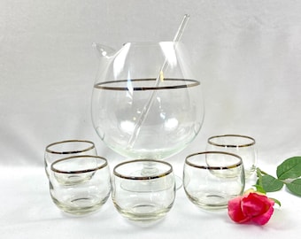 Vintage MCM Martini Pitcher and Roly Poly Glasses Silver Band Dorothy Thorpe Style - 6 pieces