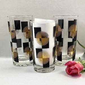 Vintage MCM Black Rectangle and Gold Atomic Starburst Highball Cocktail Glasses - set of 3