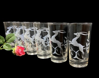 Vintage White Leaping Gazelle Tumblers Federal Glass - set of 6 or 4