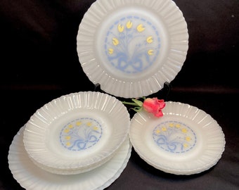 Vintage Thermocrisa Milk Glass Blue Floral Yellow Tulip Mexico Dinnerware Set