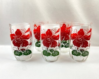 Vintage Floral Drinking Glasses Tumblers Red Hibiscus Tropical - set of 5