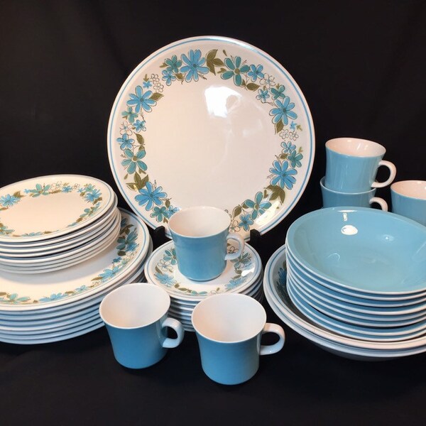 Vintage Mikasa Cerastone Gigi Groovy Mod Blue Floral Mid Century Dinnerware Set - Settings for 8