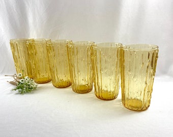 Vintage Anchor Hocking Tahiti Drinking Glasses Amber Mid Century Bamboo Wax Drip - set of 6