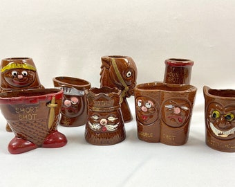 Vintage Clay Character Shot Glasses Humorous Japan - set of 8