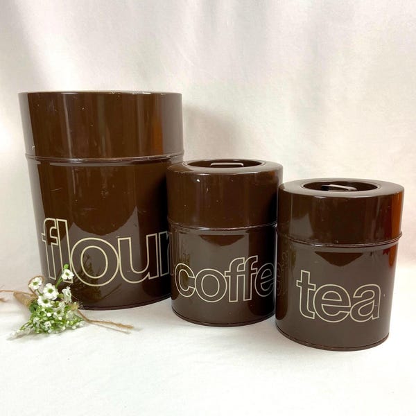 Vintage 1970s Mod Kitchen Canister Set Brown Metal - set of 3