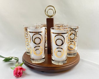 Vintage NIB MCM Gold Circle Geometric Cocktail Glasses in Carrier Set American Maid - 7 pieces