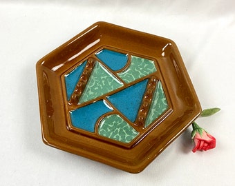 Vintage Mid Century Ashtray Mod Abstract Geometric Blue Brown Hexagon Made in Japan