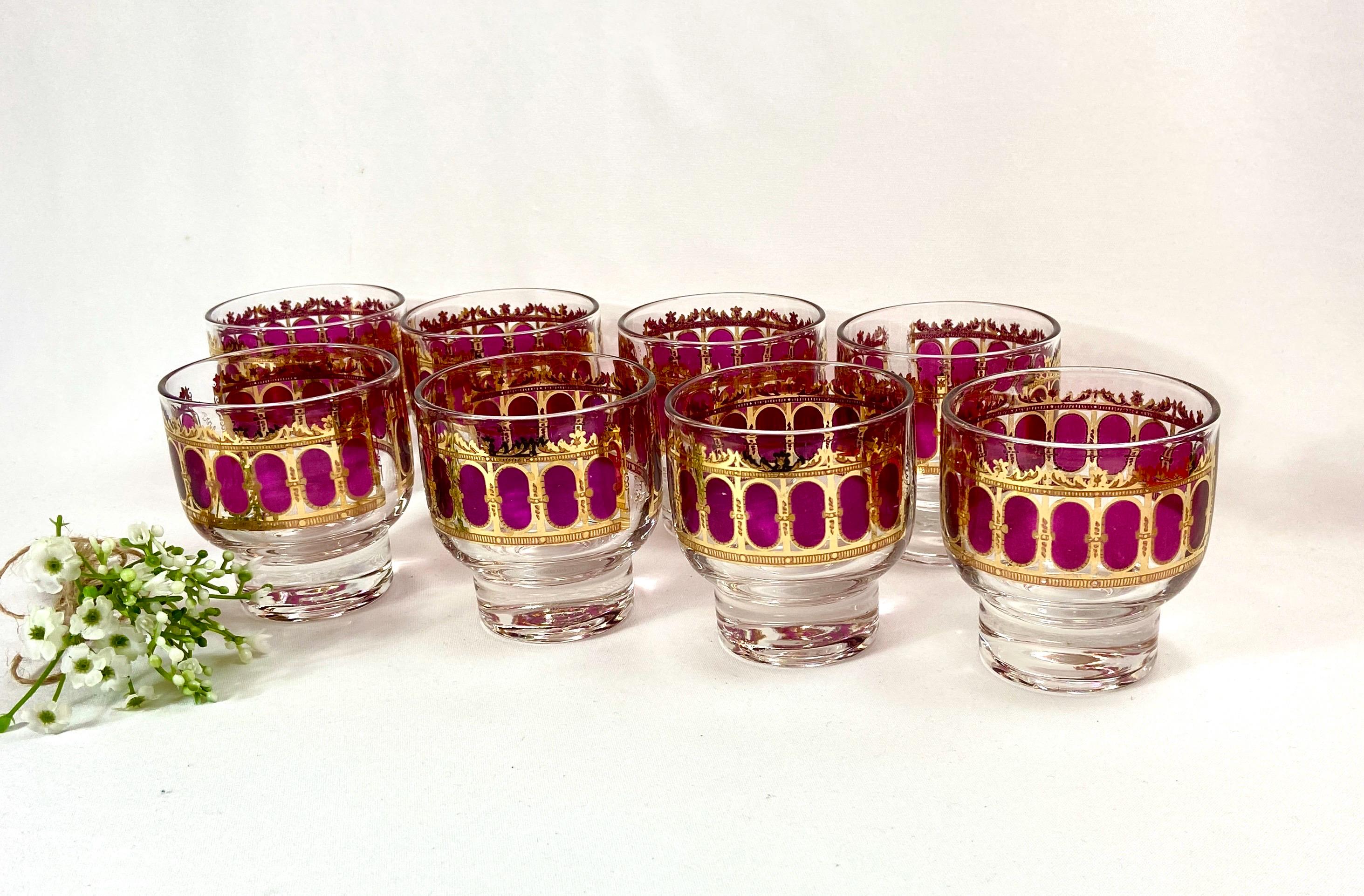 Vintage Culver Cranberry Scroll Footed Cocktail Glasses Mid Century MCM Gold - set of 8
