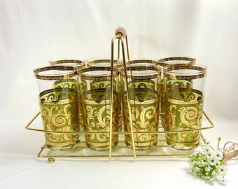 Culver Toledo Green and Gold Swirl Highball Mid Century Cocktail Glasses in Carrier