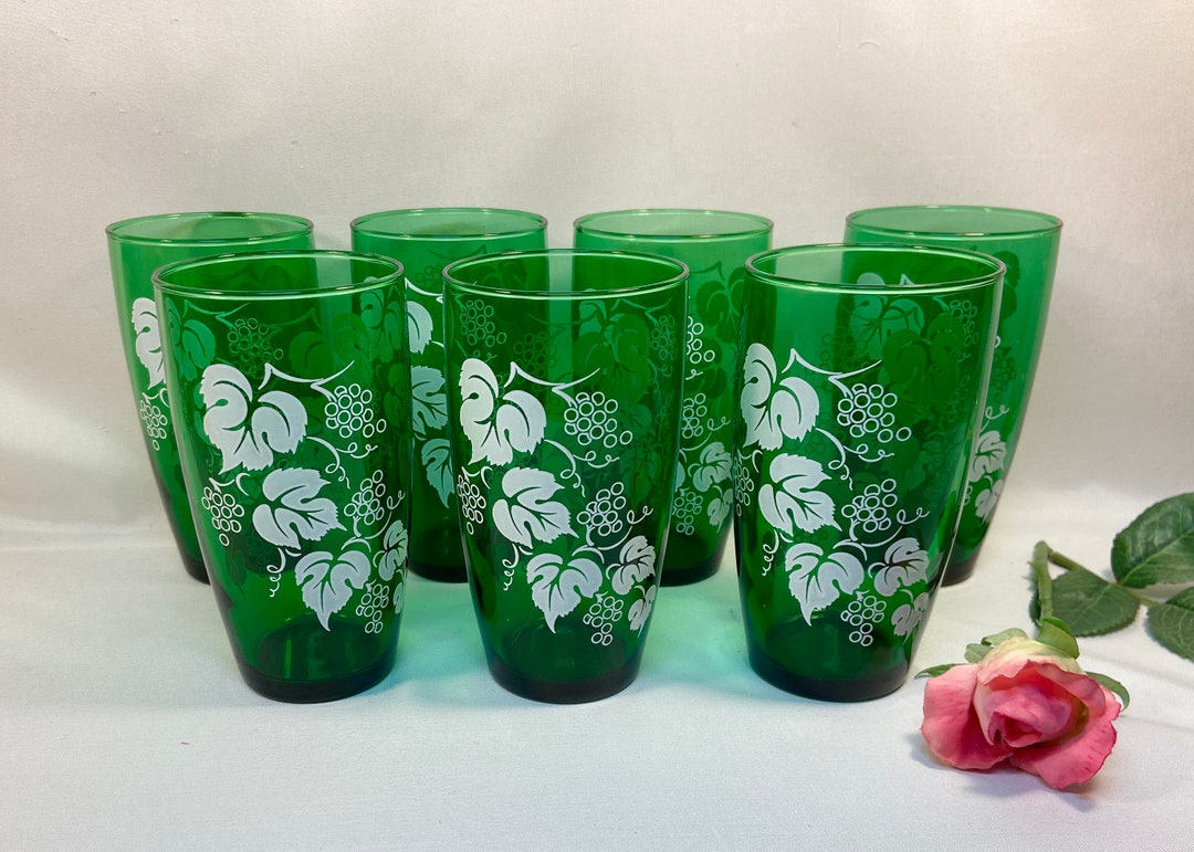 Vintage Forest Green Drinking Glasses Anchor Hocking White Grapevines