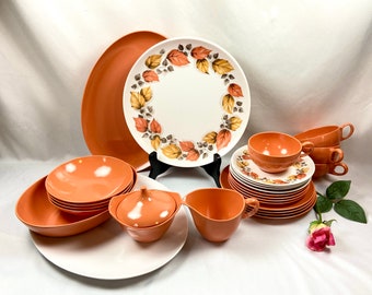 Vintage Oneida Melamine Dinnerware Set Orange Autumn Leaves - 27 pieces