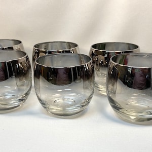 Vintage Vitreon Queens Lusterware Silver Ombré Large Roly Poly Glasses MCM Dorothy Thorpe Style - set of 6