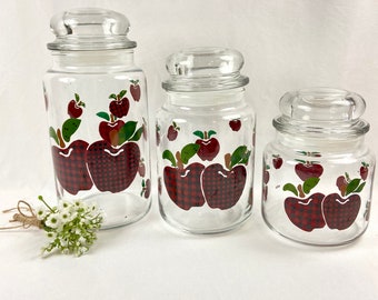 Vintage a cuadros Apple Glass Kichen Storage Canisters rojo y negro - conjunto de 3