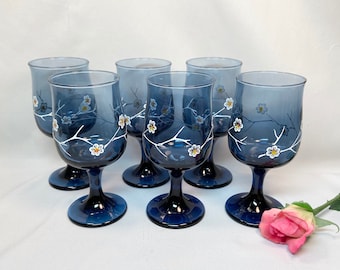 Wine Glasses Vintage Libbey Smokey Blue Dogwood Flower - set of 6