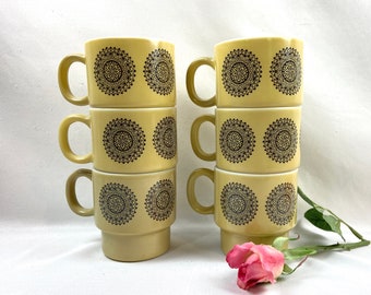 Vintage Milk Glass Stacking Mugs Tan with Brown Medallion Mandala Mid Century - set of 6