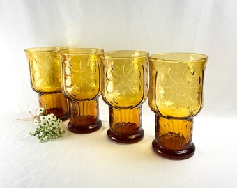 Anchor Hocking Country Garden Daisy Golden Amber Iced Tea Glasses Coolers  - sets of 4