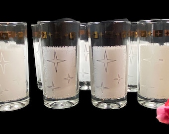 Vintage MCM Atomic Star Highball Cocktail Glasses White Gold Mid Century - set of 8