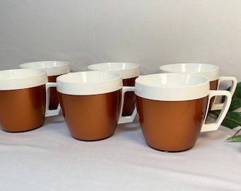 Vintage Copper MCM West Bend Thermal Insulated Mugs White Handle - Set of 6 or 4